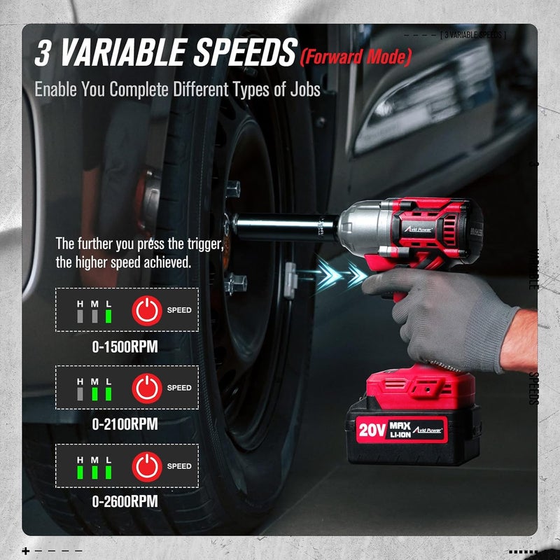 AVID POWER 1/2 Impact Wrench Brushless, 20V Cordless Impact Gun w/ 3 Variable Speeds, Max Torque 370ft-lbs (500N.m), 3.0Ah Li-ion Battery, 4Pcs Impact Sockets, Fast Charger - Image 4
